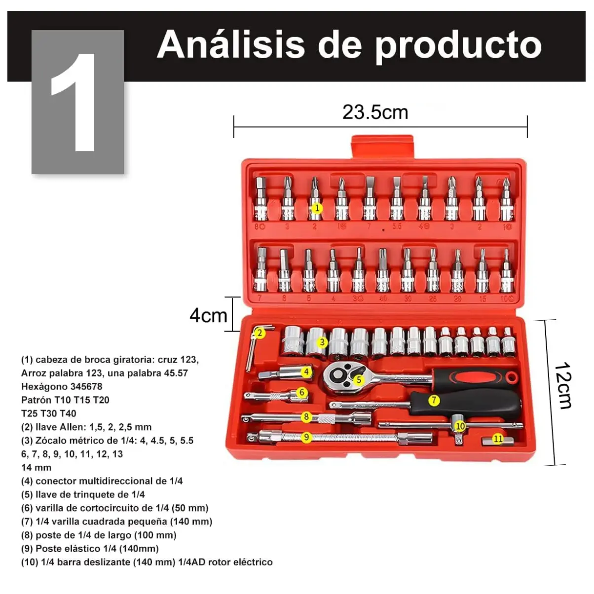 Kit de 46 herramientas en estuche rojo de 23.5x12 cm con bits, dados, trinquete y extensiones metálicas organizadas para reparaciones.