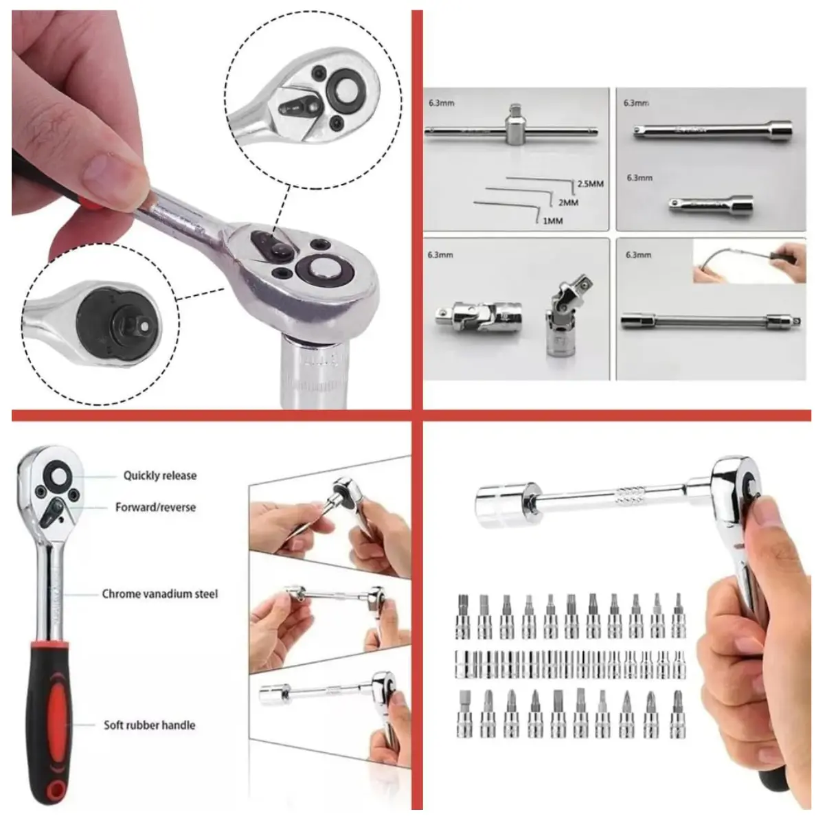 Kit de 46 herramientas en acero al cromo vanadio con trinquete de mango engomado, incluye extensiones, llaves Allen, adaptadores y puntas de precisión.