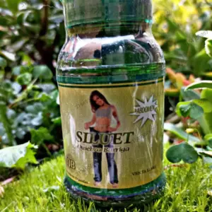 Frasco de suplemento dietario Siluet Quiebra Barriga con tapa verde, etiqueta dorada con mujer y texto Abdomen, sobre césped verde y plantas de fondo.