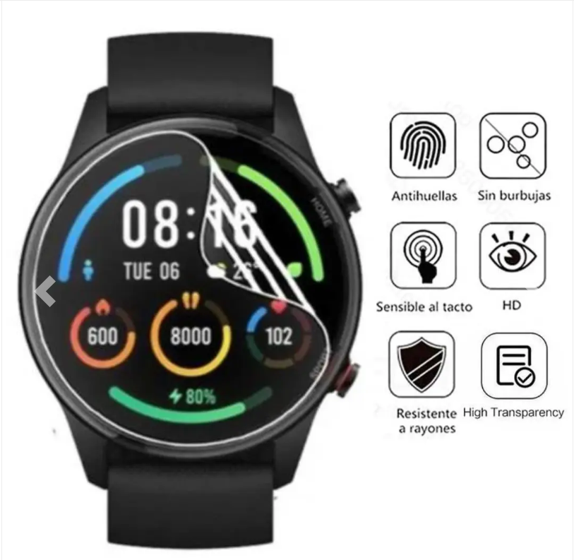 Reloj inteligente negro con pantalla redonda parcialmente cubierta por un protector de hidrogel transparente que se despega. Al lado, seis iconos describen sus funciones: huella dactilar tachada, sin burbujas, tacto sensible, alta definición, resistencia a rayones y alta transparencia.