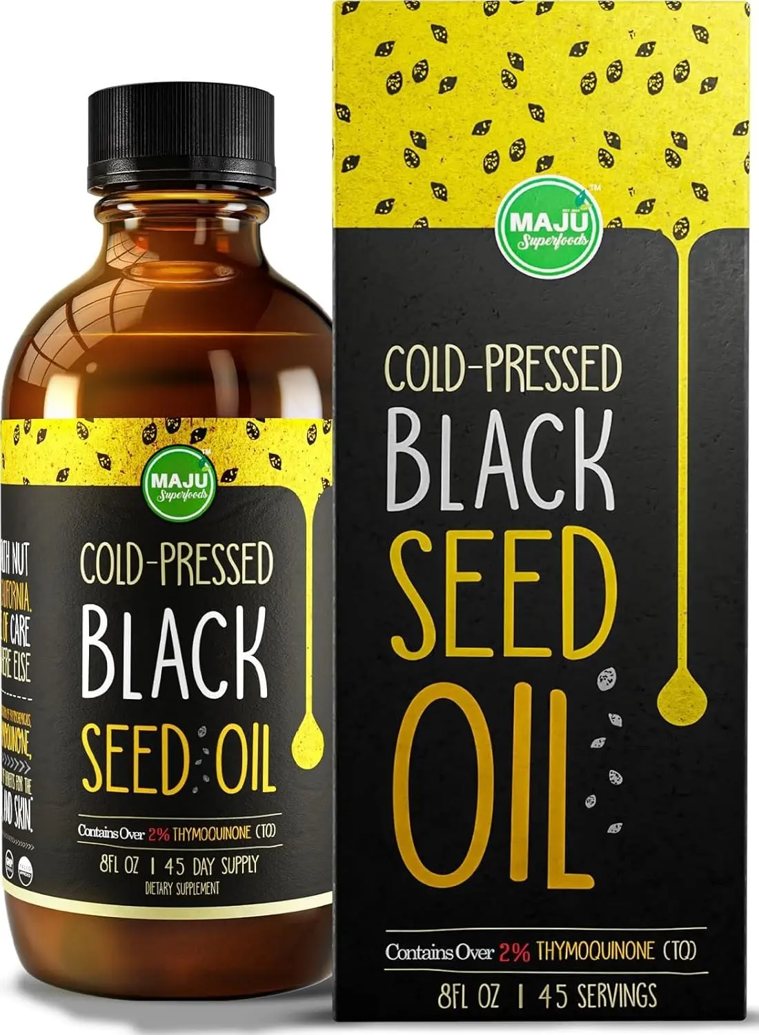 Botella ámbar y caja de aceite de semilla negra Maju Cold-Pressed de 8 fl oz, con diseño amarillo y negro y más del 2% de timoquinona.