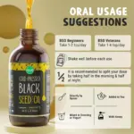 Botella ámbar de aceite de semilla negra Maju con guía de uso oral: dosis sugeridas y formas de consumo con té, miel, yogur o cuchara.