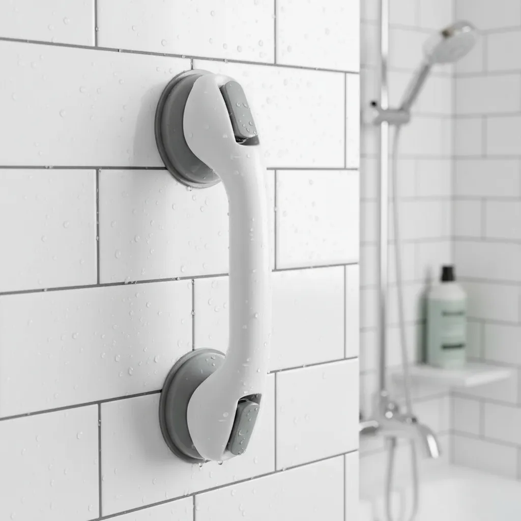 Barra de sujeción blanca con ventosas grises instalada verticalmente en pared de azulejos blancos de baño.