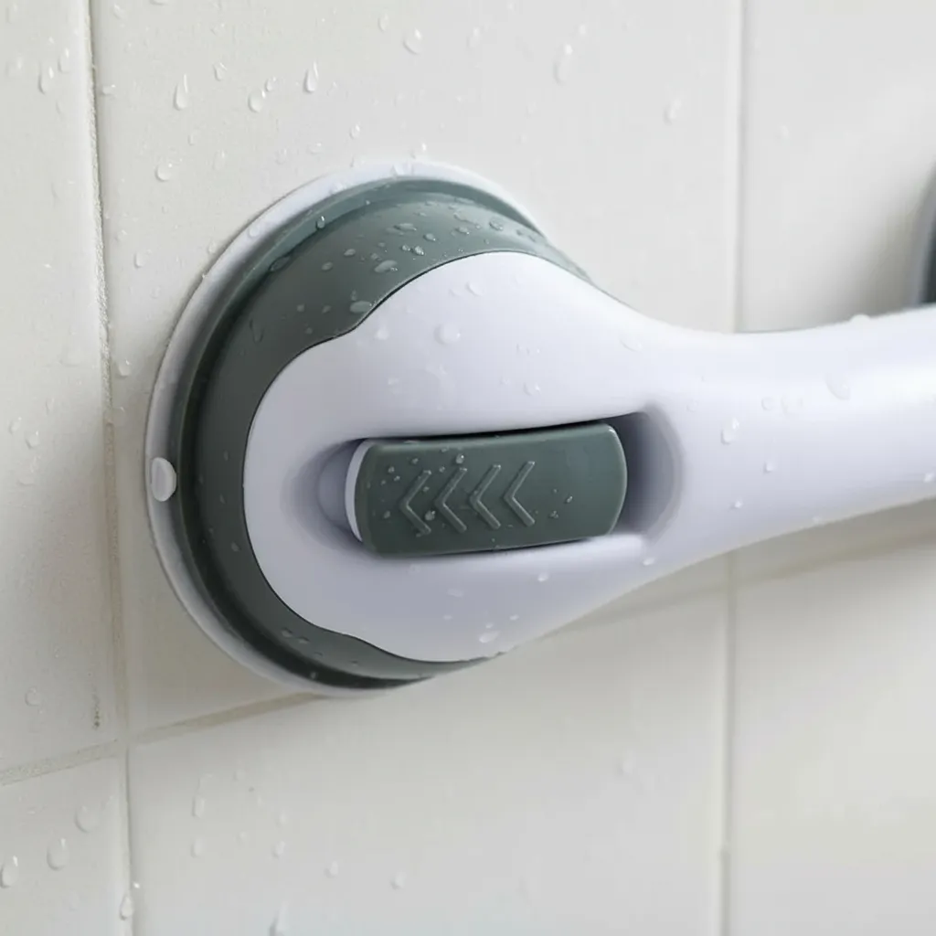 Barra de sujeción blanca y gris para ducha con ventosa de alta succión instalada en pared de azulejos blancos húmedos, con botón texturizado de bloqueo y flechas grabadas.