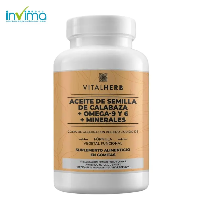 Frasco blanco de Vitalherb con etiqueta color durazno. Suplemento de aceite de semilla de calabaza, omega 9 y 6 y minerales en gomitas, 30 unidades.