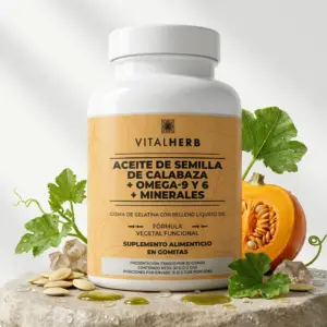 Frasco de suplemento VitalHerb de aceite de semilla de calabaza con omega y minerales, en gomitas, sobre piedra con semillas y trozos de calabaza fresca.