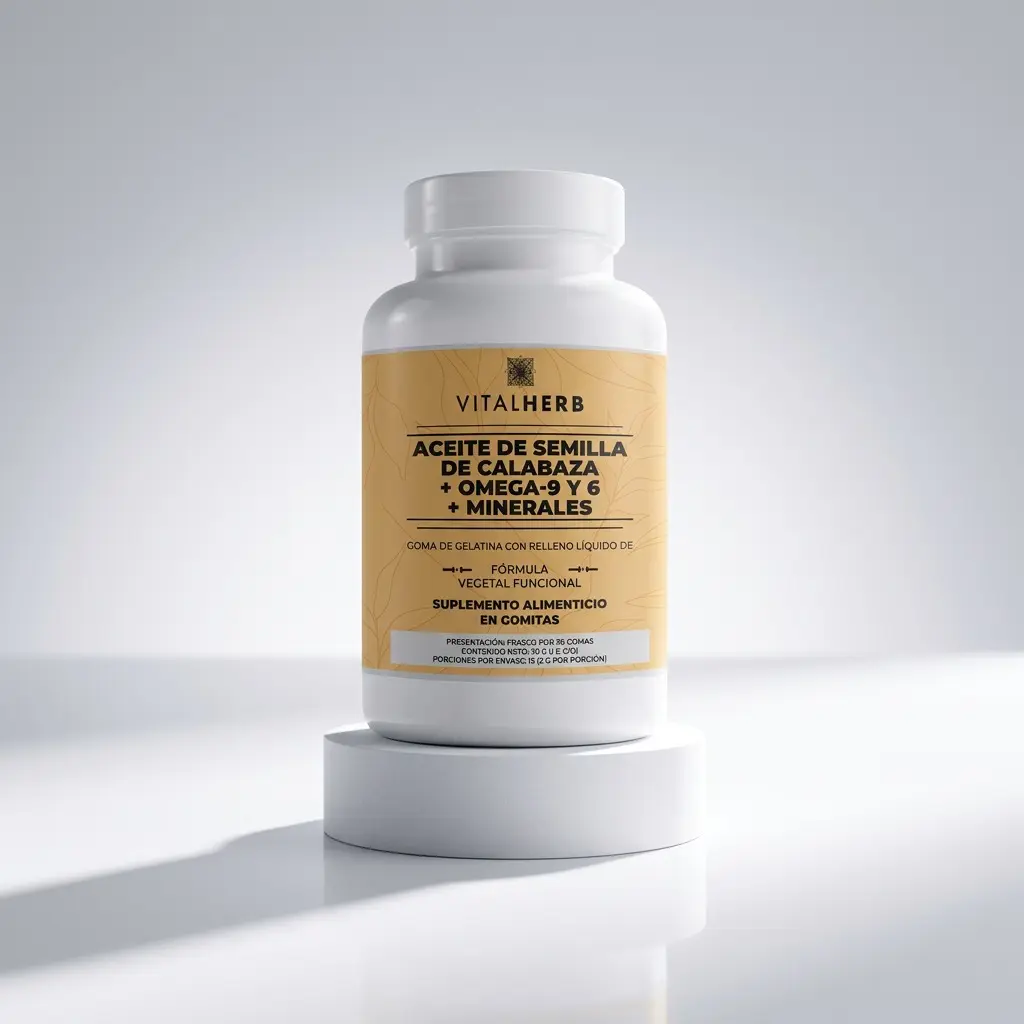 Frasco blanco de Vitalherb con etiqueta dorada de aceite de semilla de calabaza, omega 9, 6 y minerales en gomitas, sobre un pedestal blanco.