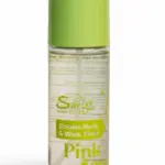 Loción splash corporal Saryd en envase cilíndrico transparente de 210 ml con tapa verde, etiqueta con nombre Pink Love y atomizador integrado.