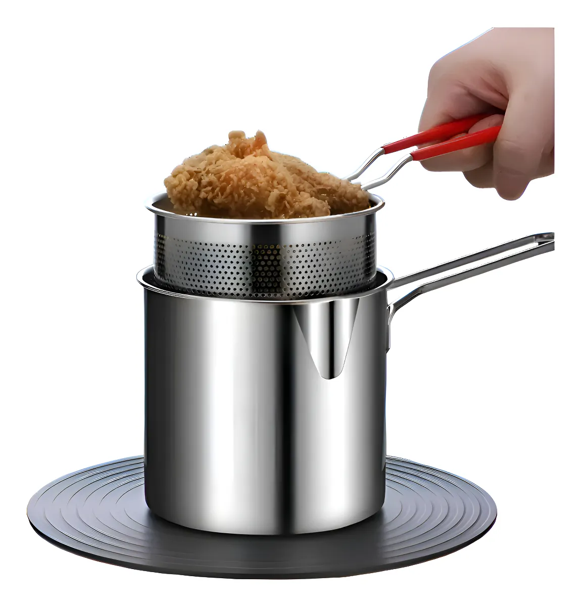 Olla freidora con cesta colador de acero inoxidable plateada, con piezas para freír porciones individuales y mango lateral ergonómico sobre base circular.