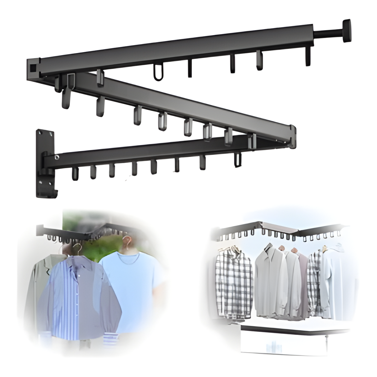 Tendedero negro extensible y plegable para pared con múltiples ganchos, mostrado expandido y en uso para colgar ropa en una esquina.