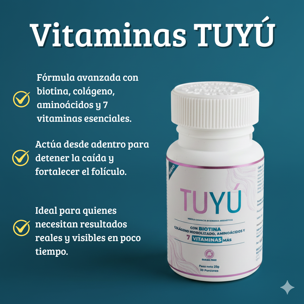 Frasco blanco de Vitaminas Tuyú con tapa a rosca, contiene 25g para 30 porciones, formulado con biotina, colágeno y vitaminas para fortalecer el cabello.
