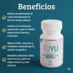 Frasco blanco de vitaminas Tuyú con biotina y colágeno sobre fondo azul, junto a una lista de beneficios para fortalecer el cabello, piel y uñas.
