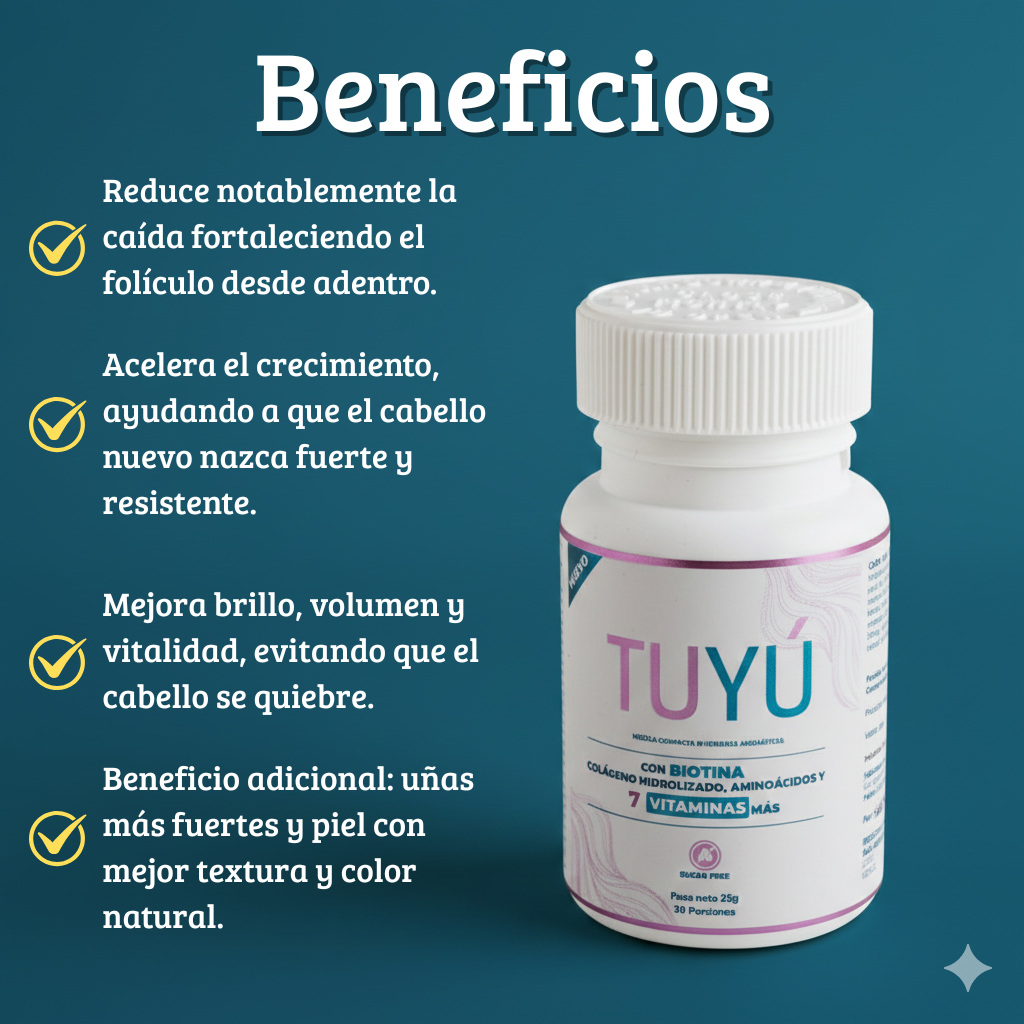 Frasco blanco de vitaminas Tuyú con biotina y colágeno sobre fondo azul, junto a una lista de beneficios para fortalecer el cabello, piel y uñas.
