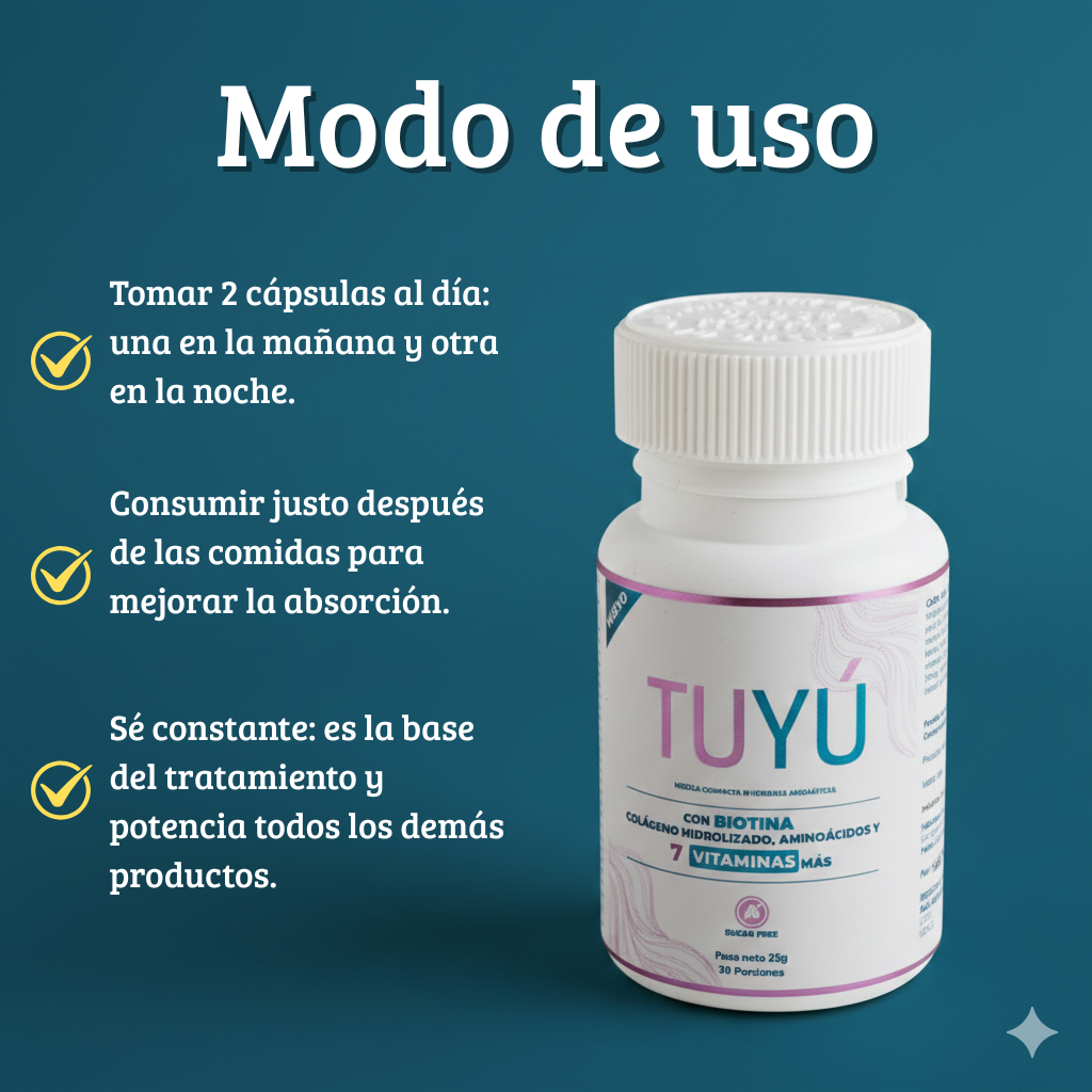 Frasco blanco de vitaminas Tuyú con biotina y colágeno sobre fondo azul, junto a instrucciones de uso para tomar dos cápsulas diarias tras las comidas.