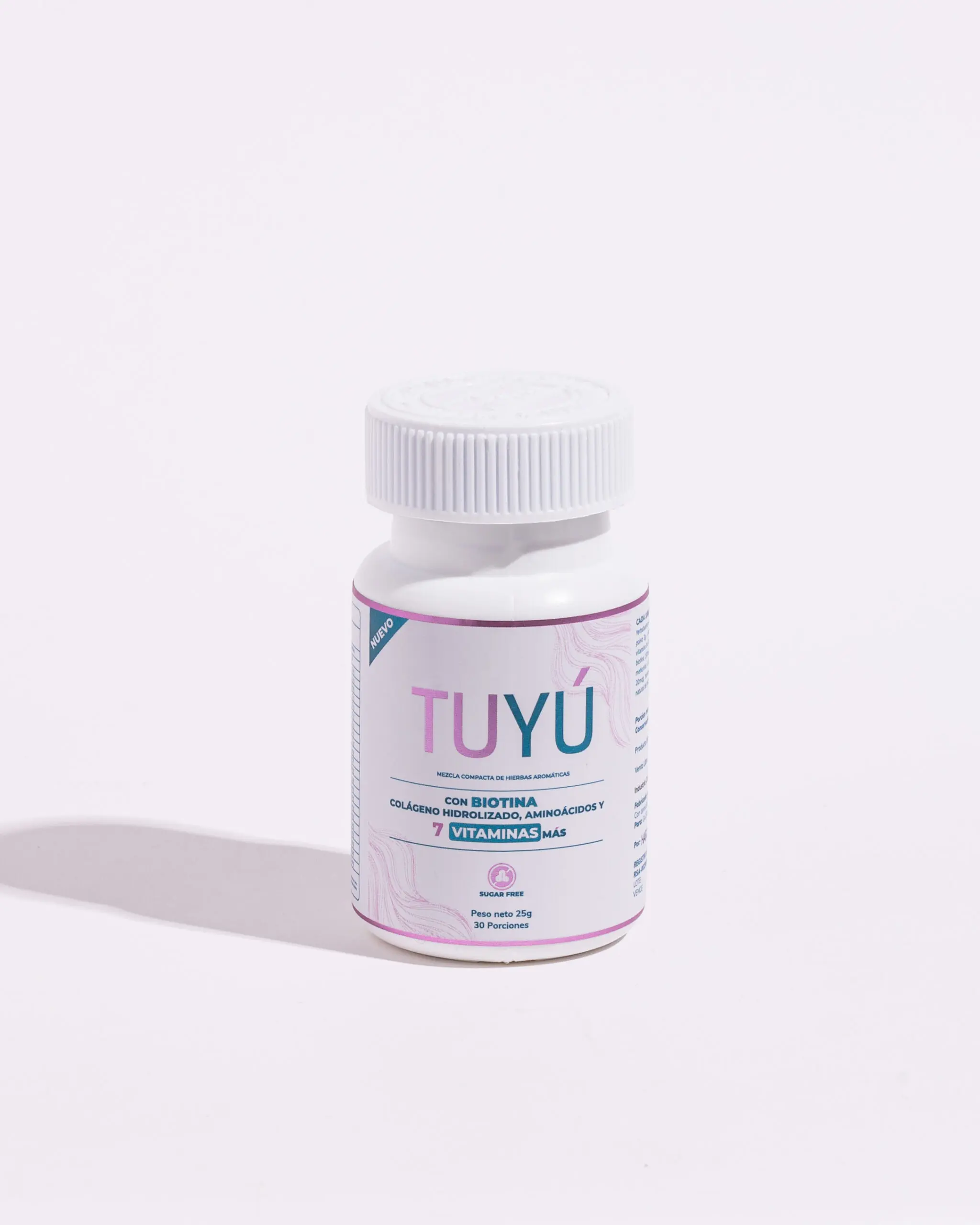 Frasco blanco de vitaminas Tuyú con etiqueta en tonos rosados y azules, formulado con biotina y colágeno para el fortalecimiento capilar.