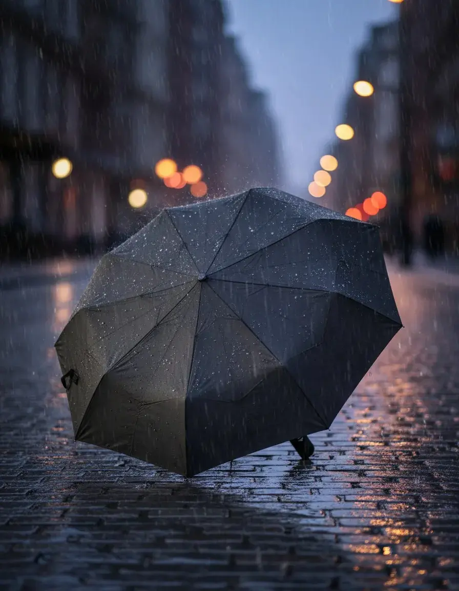 Sombrilla automática negra abierta con gotas de lluvia sobre pavimento empedrado mojado en una calle urbana con luces desenfocadas al fondo.