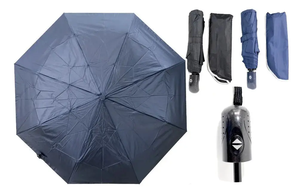 Set de dos sombrillas automáticas compactas en colores negro y azul, con estuches protectores y detalle del mango ergonómico con botón de apertura.