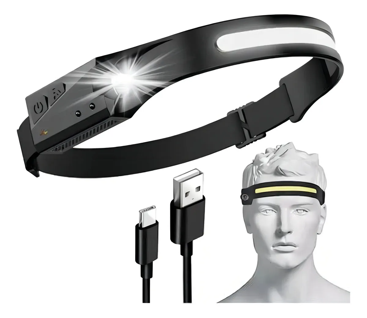 Linterna frontal LED recargable negra con banda elástica ancha, luz COB lateral, foco lateral brillante, cable USB y maniquí con la linterna puesta.