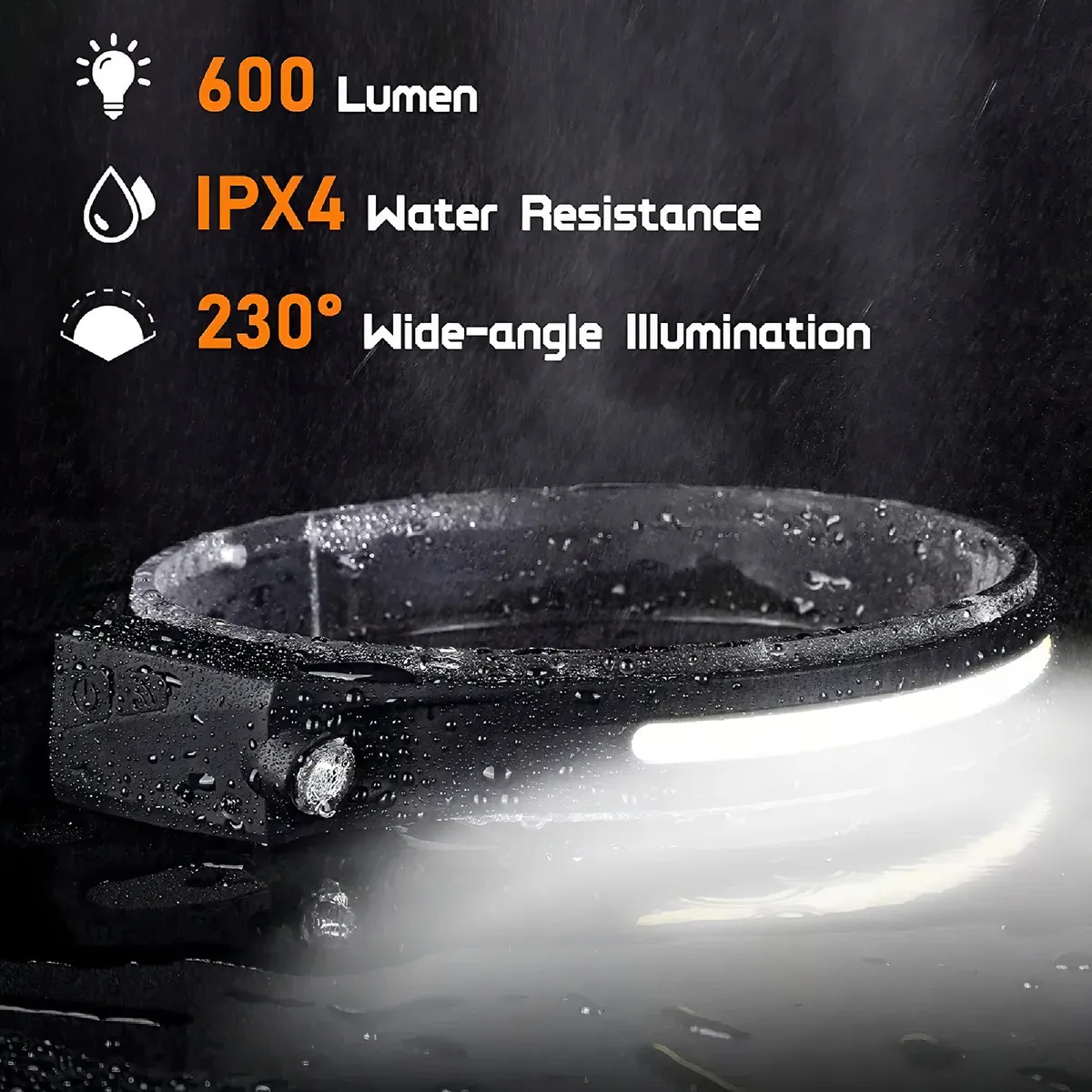 Linterna frontal LED negra, recargable, de 600 lúmenes con iluminación amplia de 230 grados, resistente al agua, bajo la lluvia.