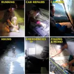 Collage de usos de linterna frontal LED recargable en running, reparaciones, camping, senderismo, emergencias y pesca en entornos oscuros