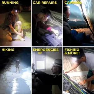 Collage de usos de linterna frontal LED recargable en running, reparaciones, camping, senderismo, emergencias y pesca en entornos oscuros