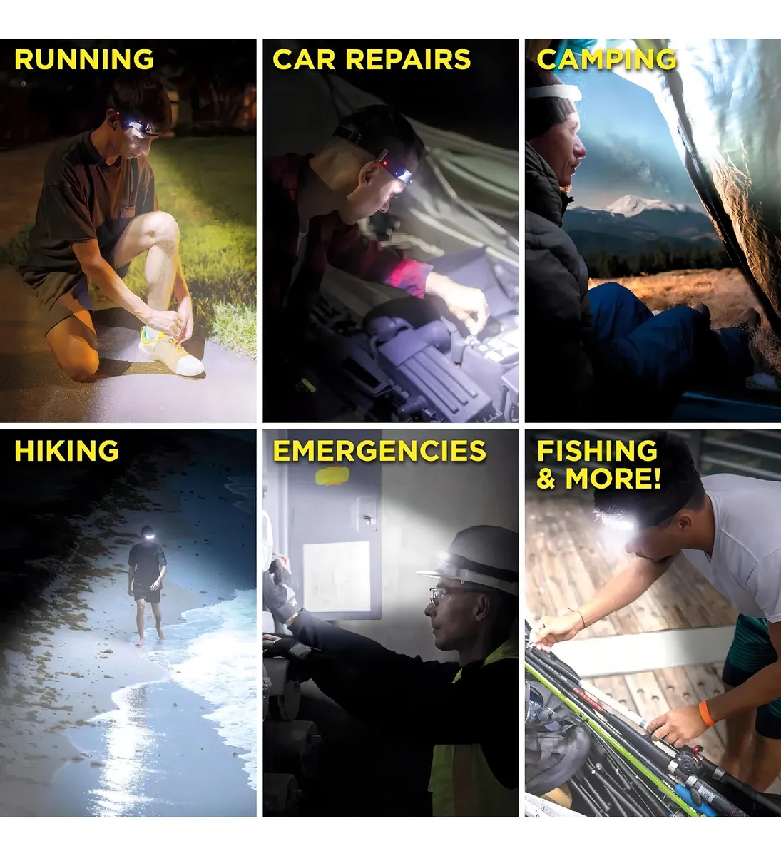 Collage de usos de linterna frontal LED recargable en running, reparaciones, camping, senderismo, emergencias y pesca en entornos oscuros