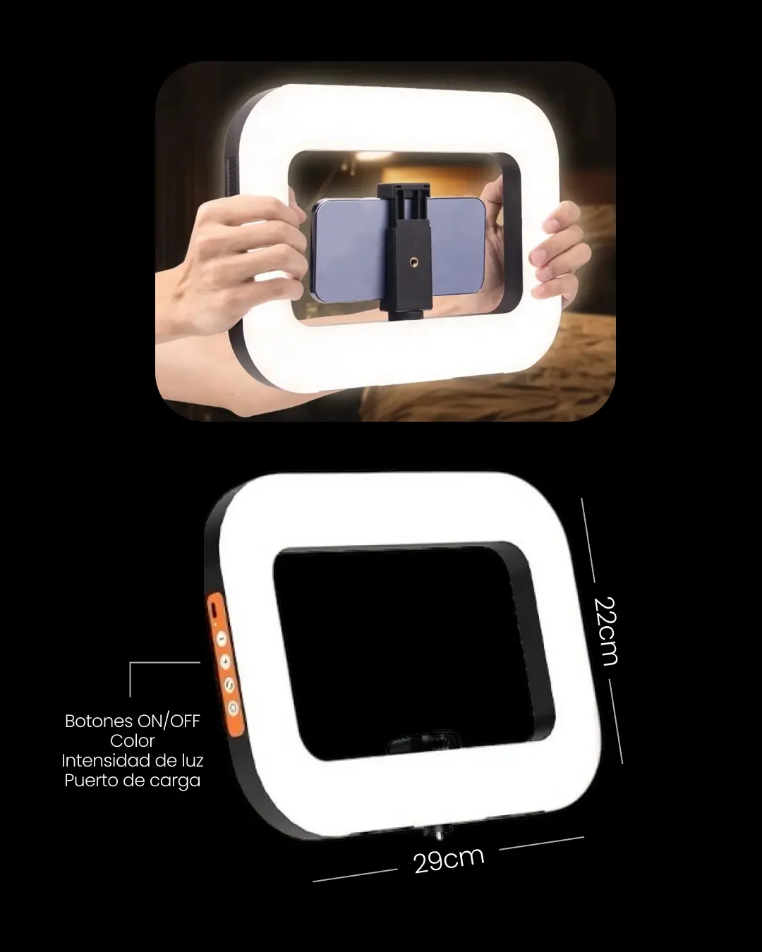 Aro de luz rectangular RGB de 29x22 cm con soporte central para celular, botones laterales de control y diseño portátil para iluminación de video.