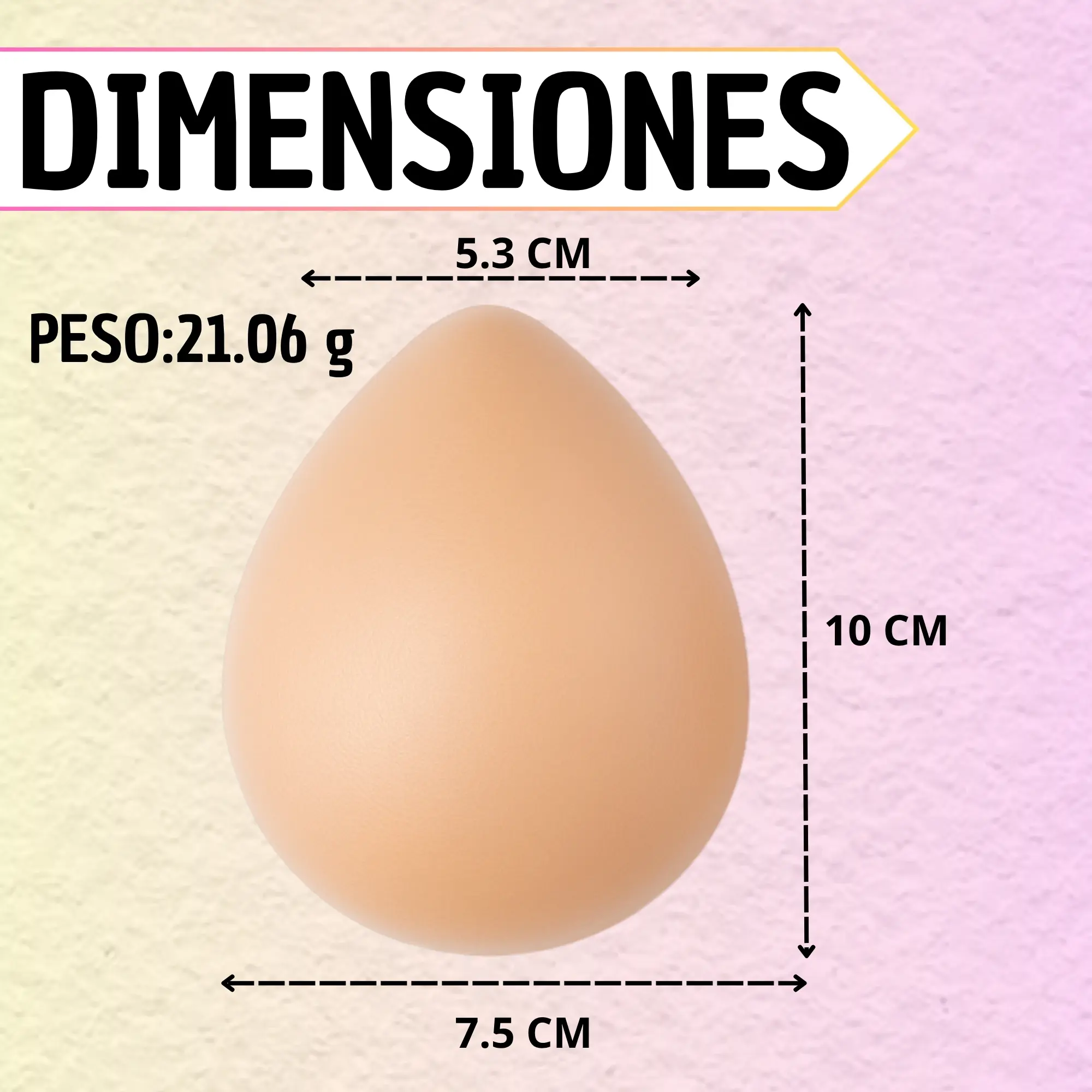 Almohadilla correctora de silicona color piel, contorno en forma de gota con dimensiones de 10 cm de alto, 7.5 cm de ancho y 5.3 cm en la parte superior, peso 21.06 g.