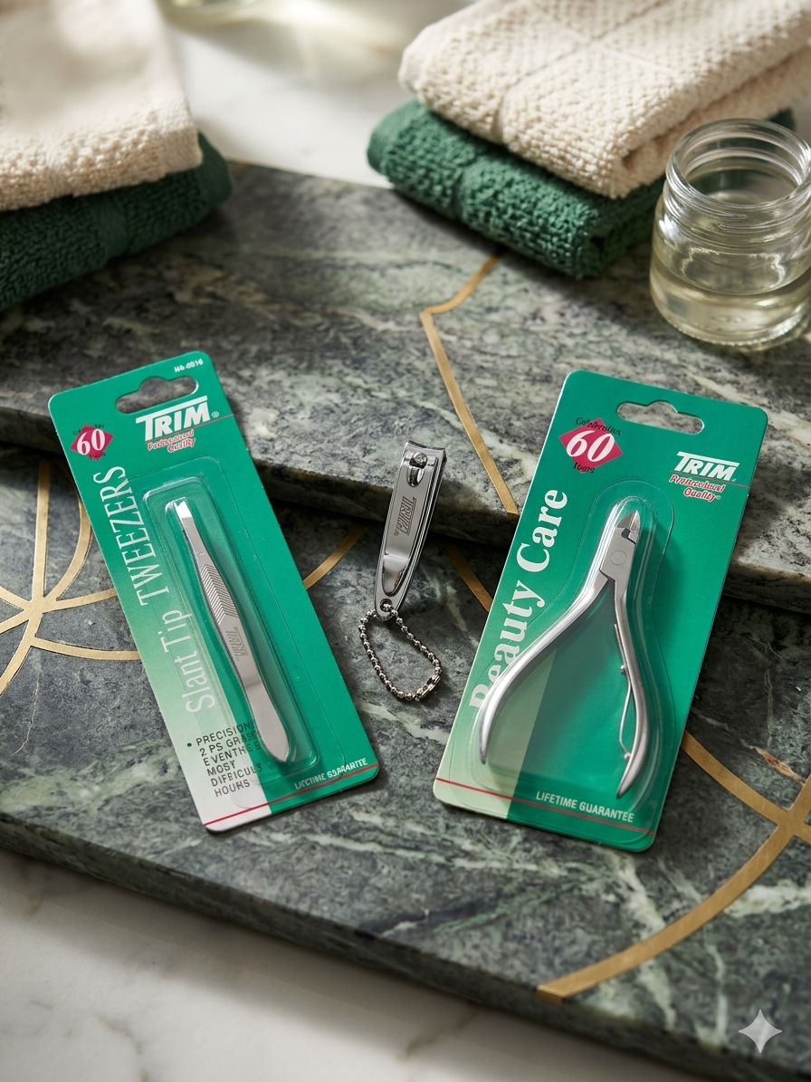 Kit de manicura profesional con pinzas slant tip, cortaúñas y alicate de cutícula sobre una base de mármol verde con vetas doradas.