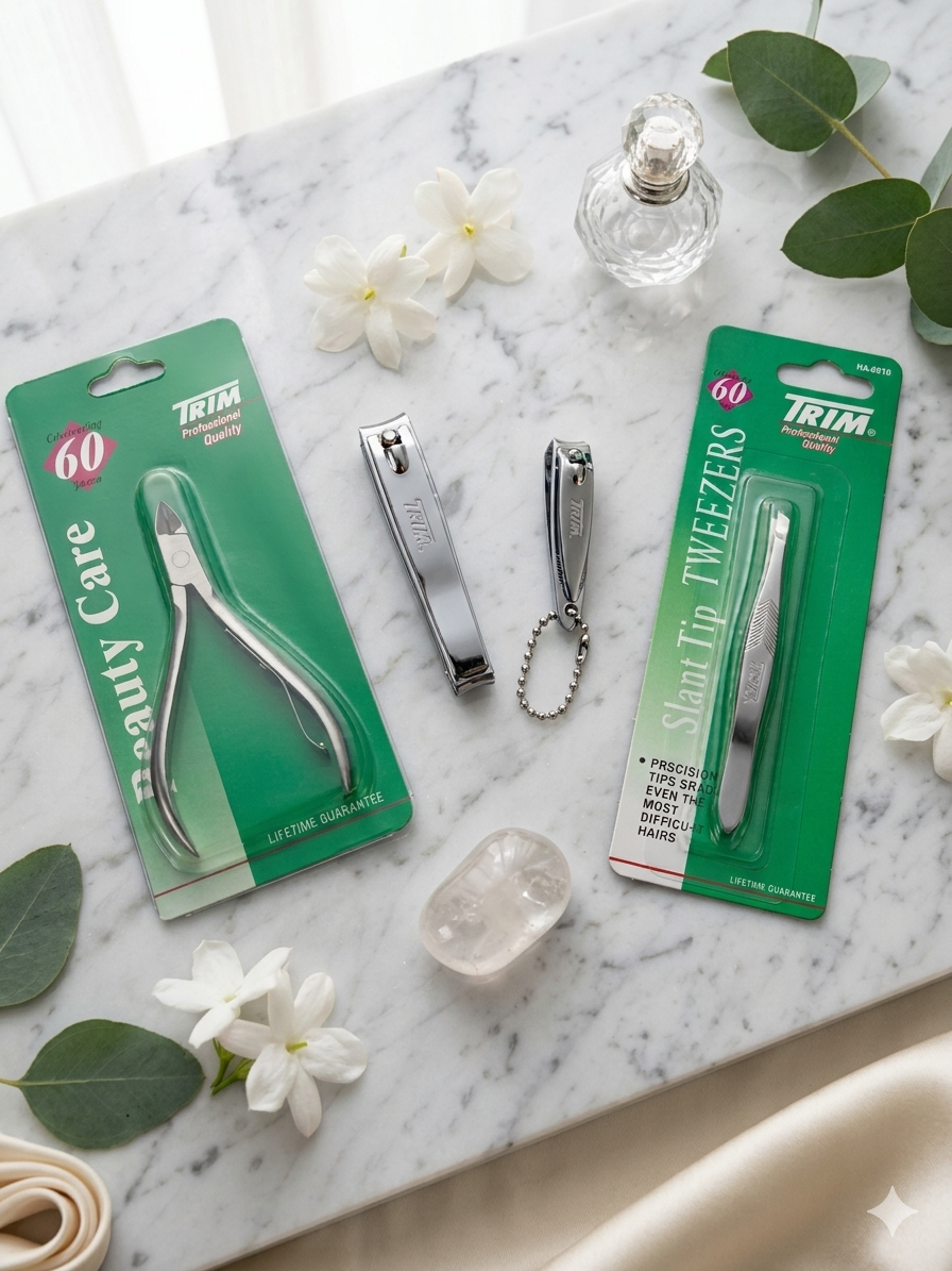 Kit de manicura profesional Trim con alicate de cutícula, cortauñas y pinzas de punta oblicua sobre mármol con flores y hojas verdes.