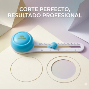 Cortadora circular ajustable con mango azul y base blanca con regla, mostrando dos cortes circulares precisos en papel sobre fondo pastel.