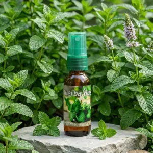 Aromatizante líquido natural de hierbabuena en botella de vidrio ámbar con atomizador verde, sobre piedra gris rodeada de plantas de menta fresca.