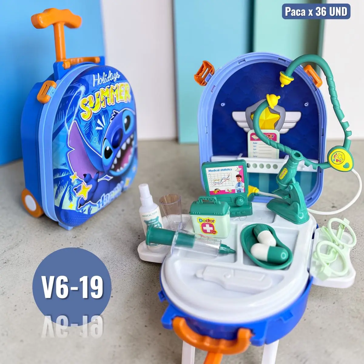 Set de doctor Stitch en maleta azul con ruedas, incluye estetoscopio, jeringa, medicamentos y monitor médico verde para juego de rol.