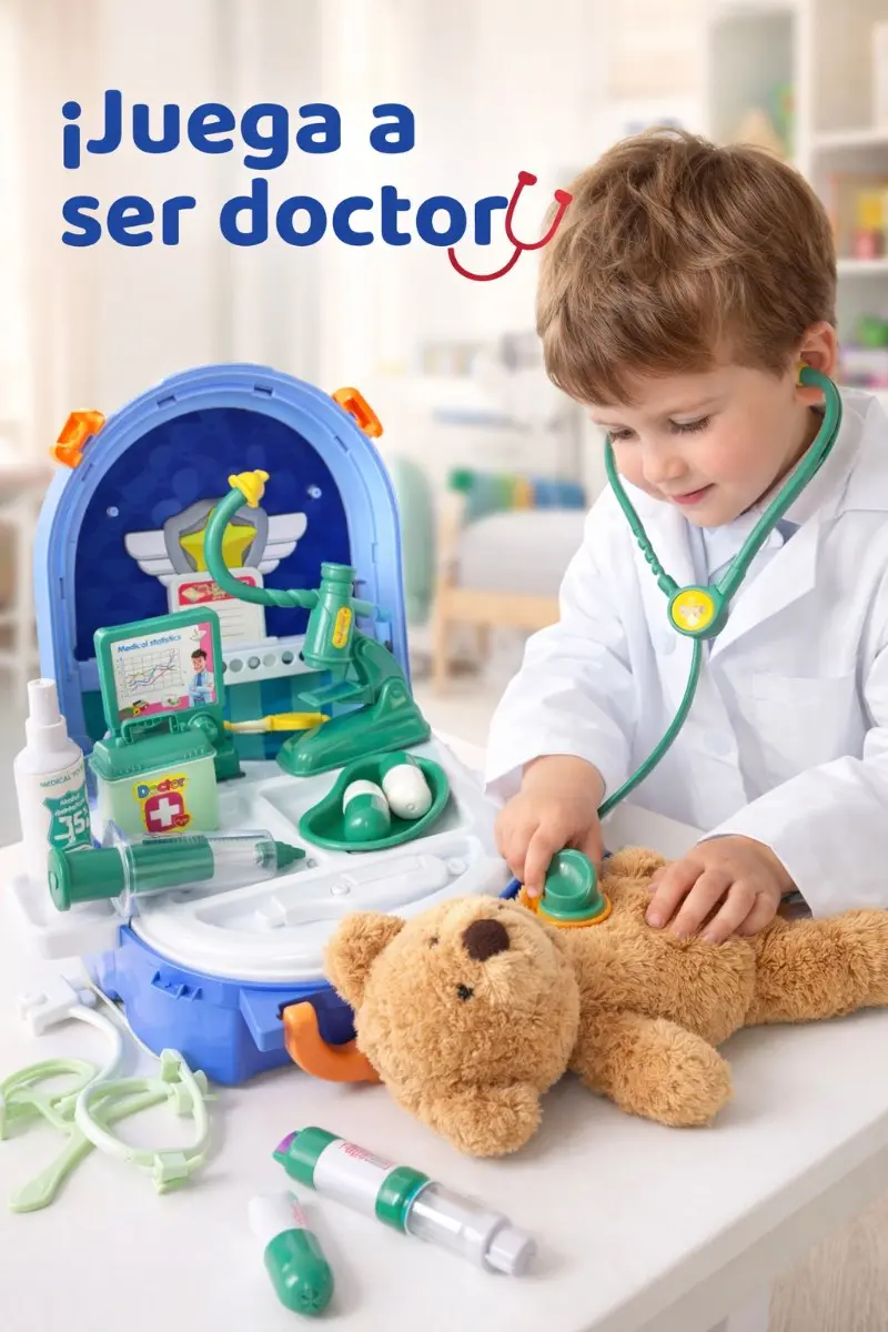 Set médico portátil tipo maleta azul con oso de peluche, estetoscopio verde, jeringa, microscopio y accesorios clínicos para juego de rol infantil.