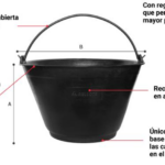 Balde de construcción negro Bellota con asa metálica, logo en relieve y marcas de capacidad, con dimensiones de altura A y ancho de asa B.