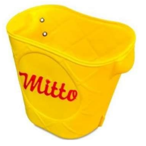 Canasta recolectora Mitto color amarillo con logo rojo, de material flexible para la cosecha y transporte de productos agrícolas.