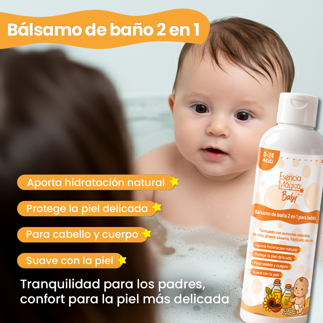 Bálsamo de baño 2 en 1 para bebés de 0 a 24 meses, presentado en botella alargada con tapa blanca, junto a un bebé sonriente en la tina.