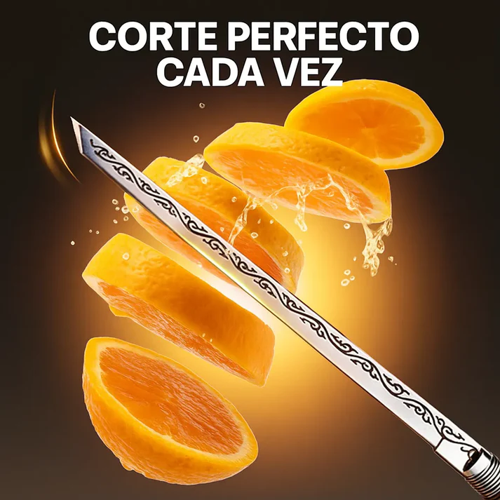 Cuchillo portátil tipo bolígrafo con hoja de acero inoxidable y grabado decorativo, cortando rodajas de naranja con precisión sobre fondo oscuro.