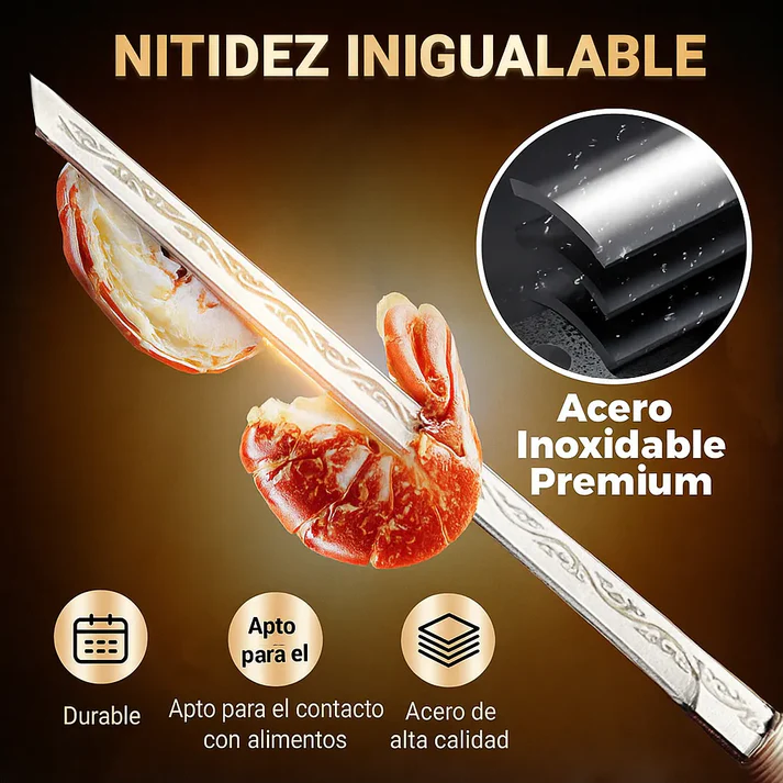 Cuchillo portátil tipo bolígrafo con hoja de acero inoxidable grabada, cortando un camarón en dos mitades sobre fondo marrón.
