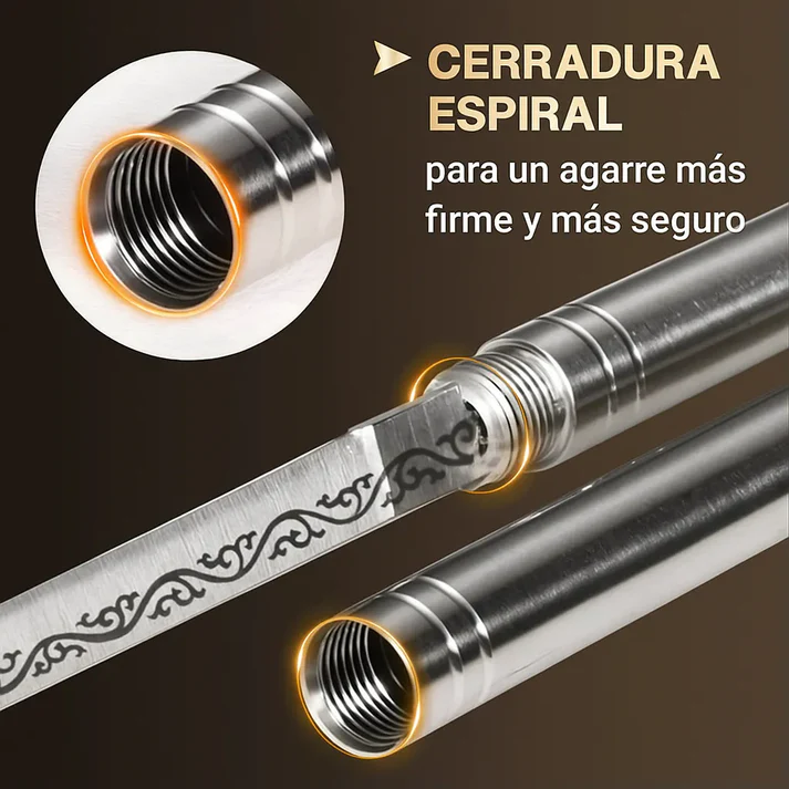 Set x2 cuchillos portátiles tipo bolígrafo con hoja de acero inoxidable grabada y cuerpo metálico plateado de cierre espiral.