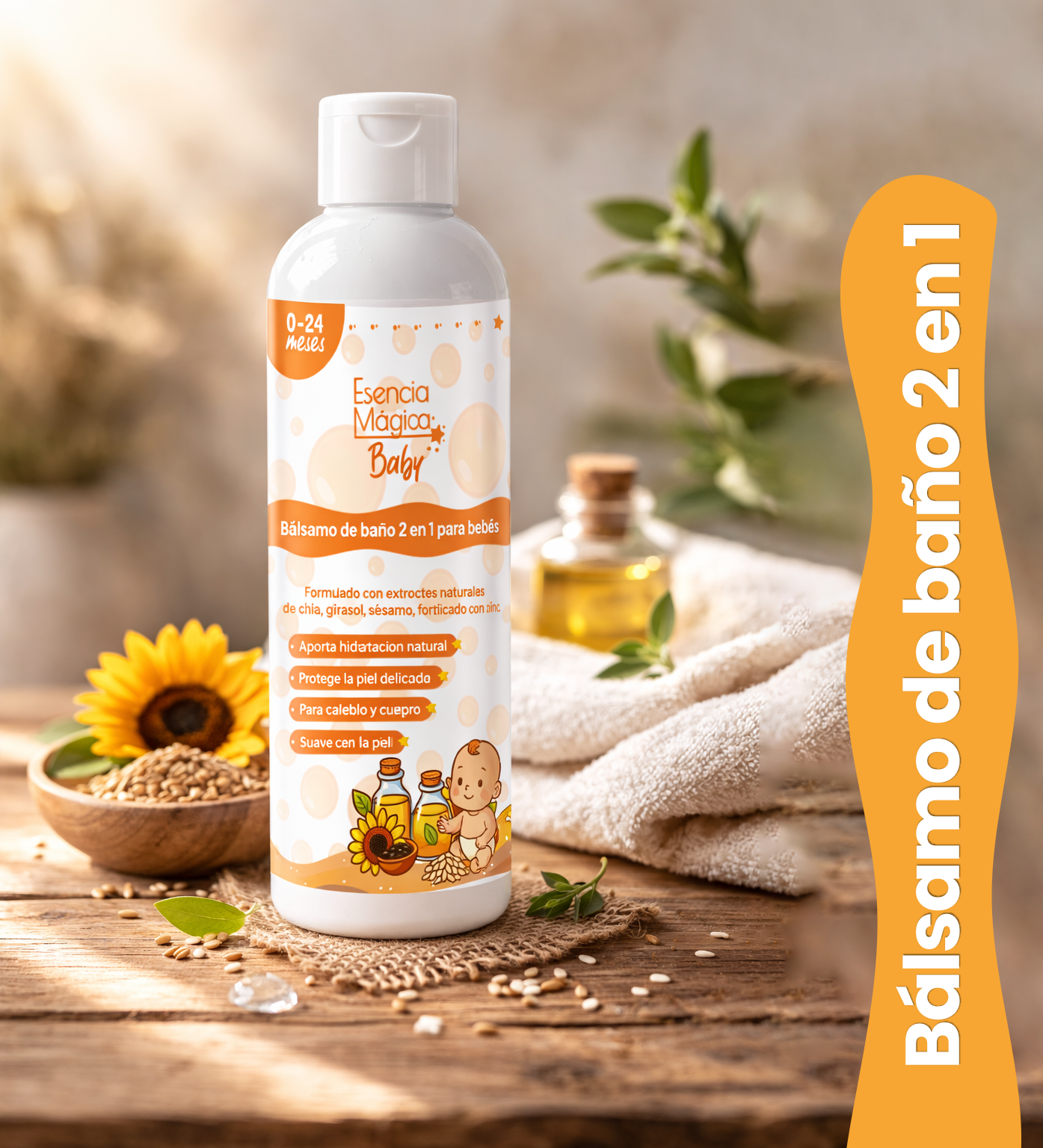 Bálsamo de baño 2 en 1 para bebé en botella blanca con tapa dosificadora, junto a semillas y girasol sobre madera.