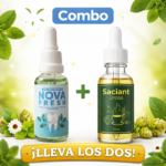 Combo de gotas Nova Fresh y Saciant Drops de 30 ml con gotero, frascos sobre fondo verde con hojas de menta y flores silvestres.