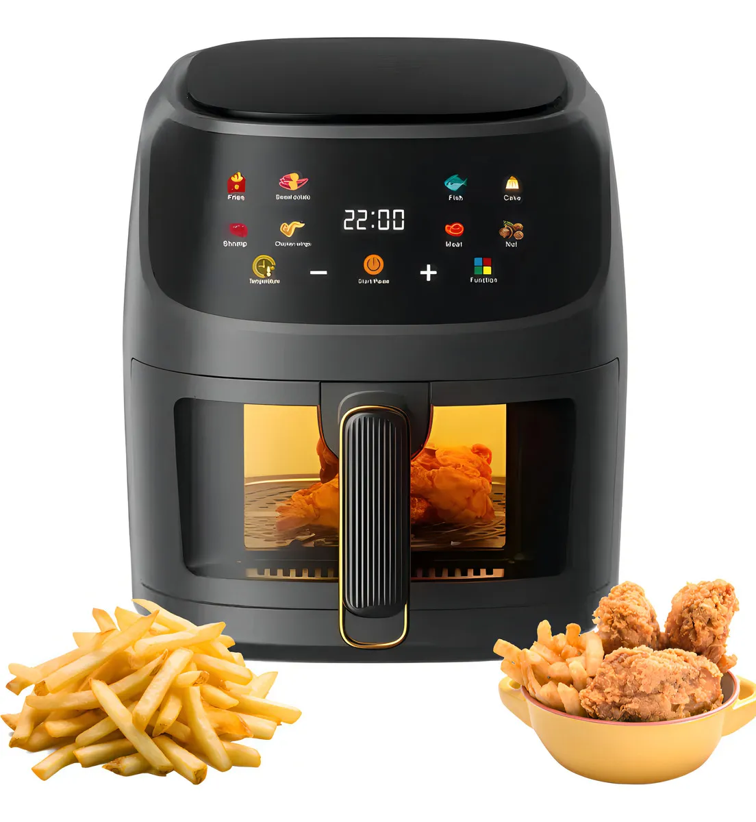 Freidora de aire digital Xhome negra con panel táctil, ventana transparente y detalles dorados, junto a papas fritas y pollo crujiente.