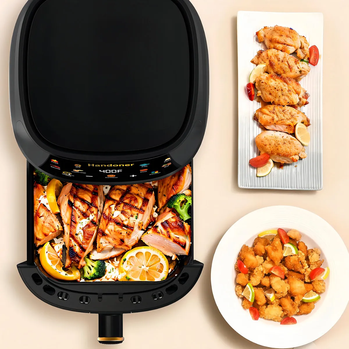 Freidora de aire digital Xhome negra con pollo a la parrilla, limón y brócoli, junto a platos con pollo y bocaditos crujientes.