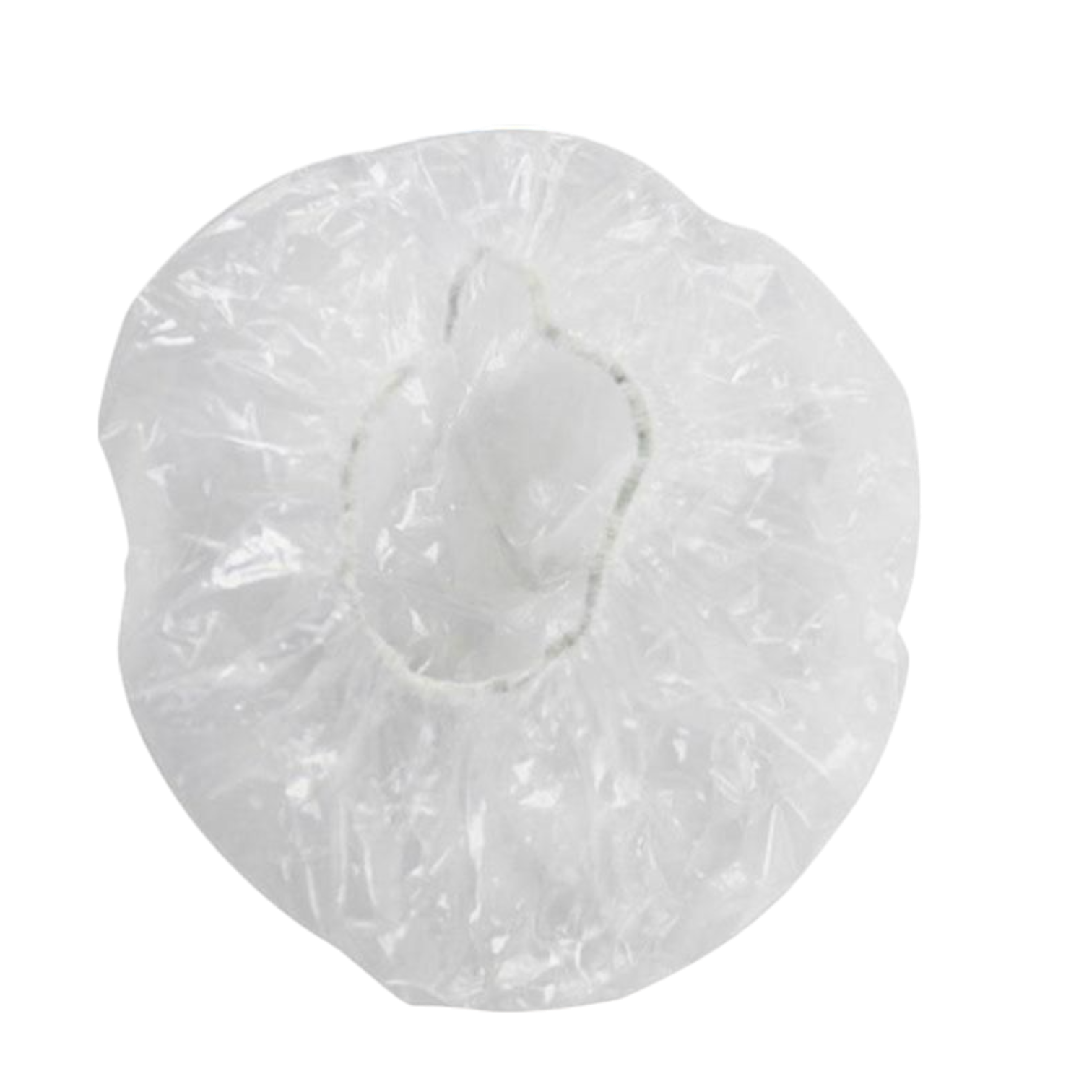 Tapa elástica transparente de polietileno con borde ajustable, diseñada para sellar recipientes y conservar alimentos frescos.