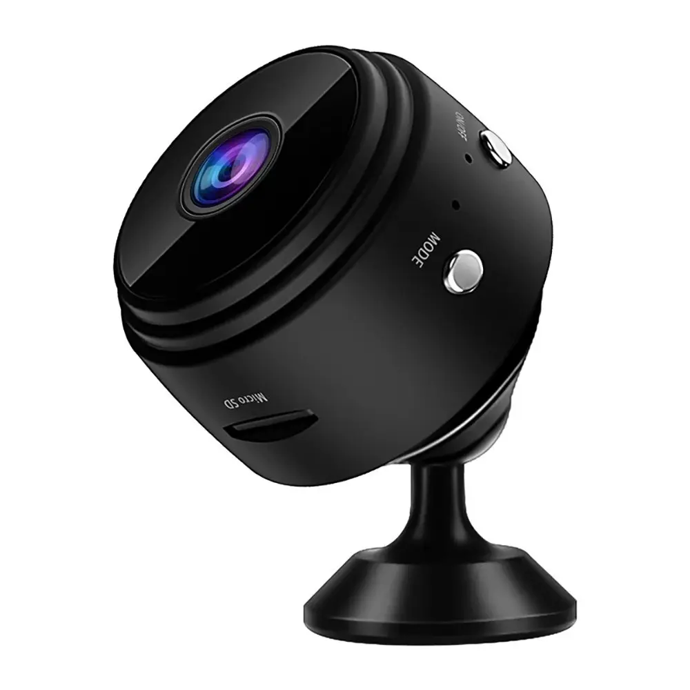 Cámara de seguridad A9 negra con lente frontal, botones de modo y encendido, ranura para Micro SD y base de soporte, vista en ángulo.