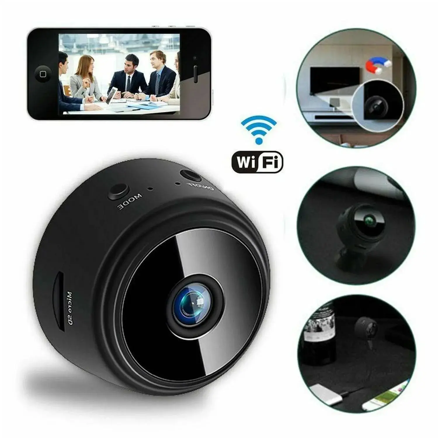 Cámara de seguridad A9 negra, compacta y magnética, con conectividad Wi-Fi, ranura para tarjeta Micro SD y visualización remota en tiempo real desde celular.