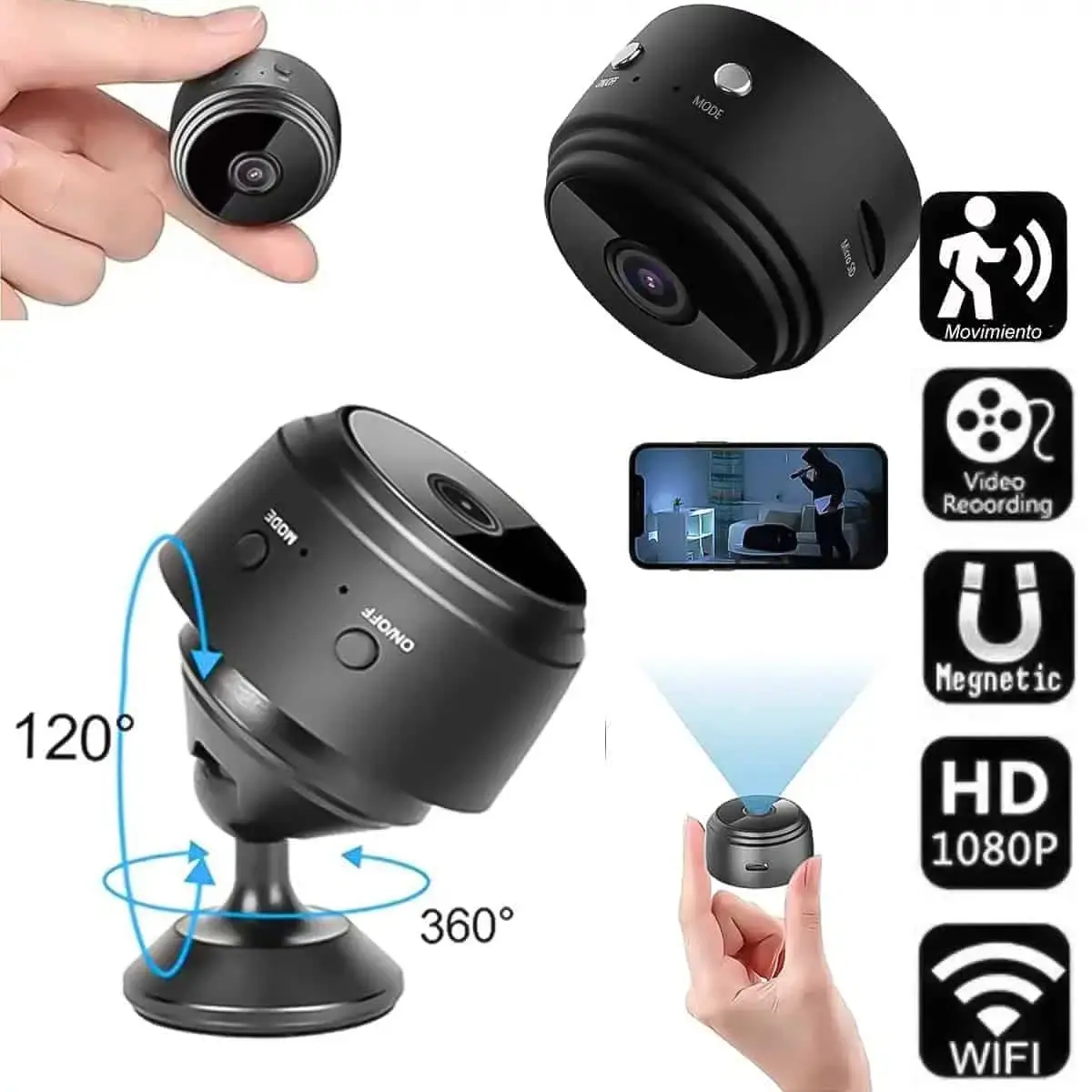Cámara de seguridad A9 negra, compacta y magnética, con base giratoria 360 grados, grabación HD 1080p, conexión wifi, sensor de movimiento y visión nocturna.
