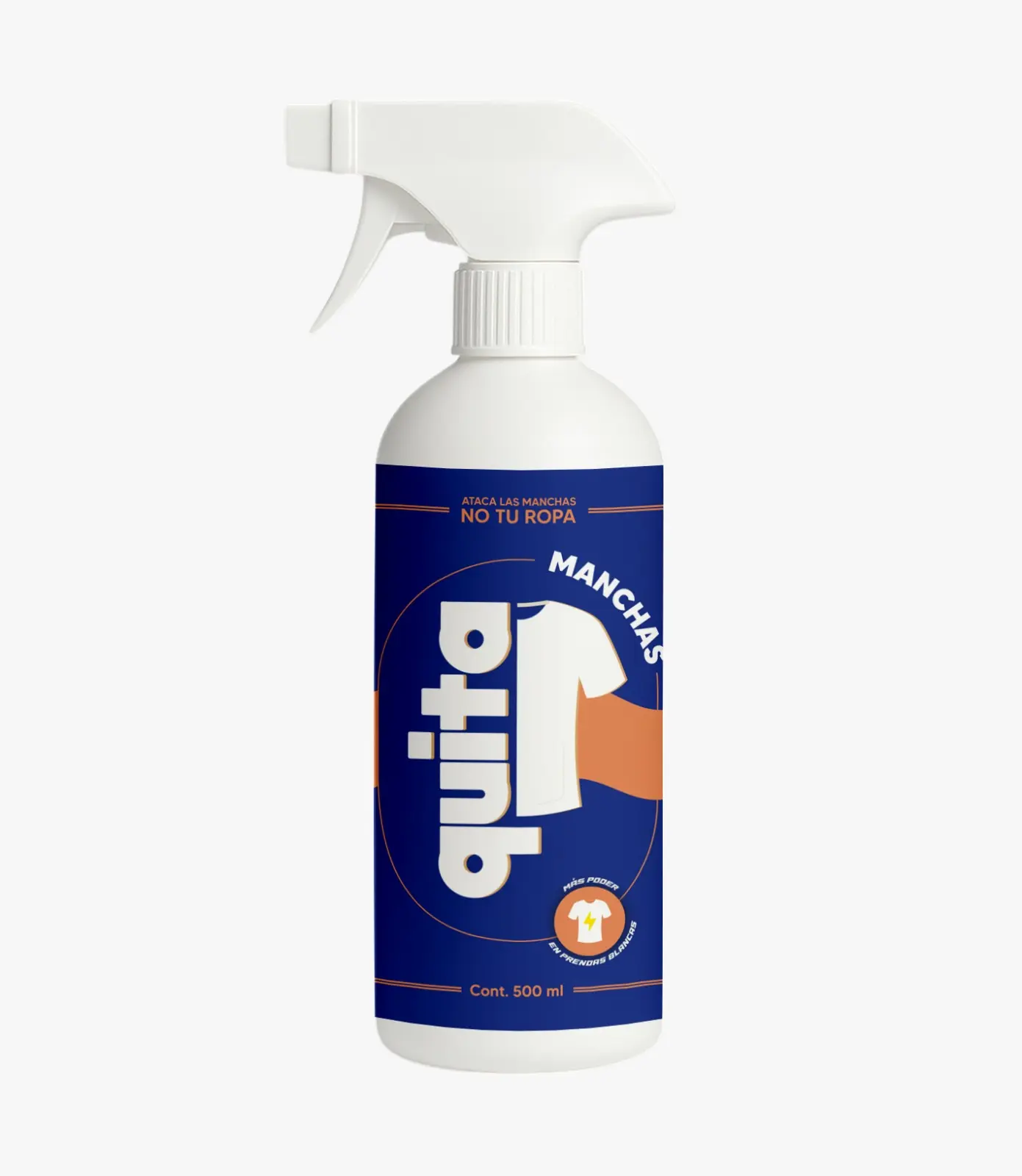 Botella blanca con atomizador y etiqueta azul de 500 ml para quitar manchas en ropa con diseño de camiseta blanca.