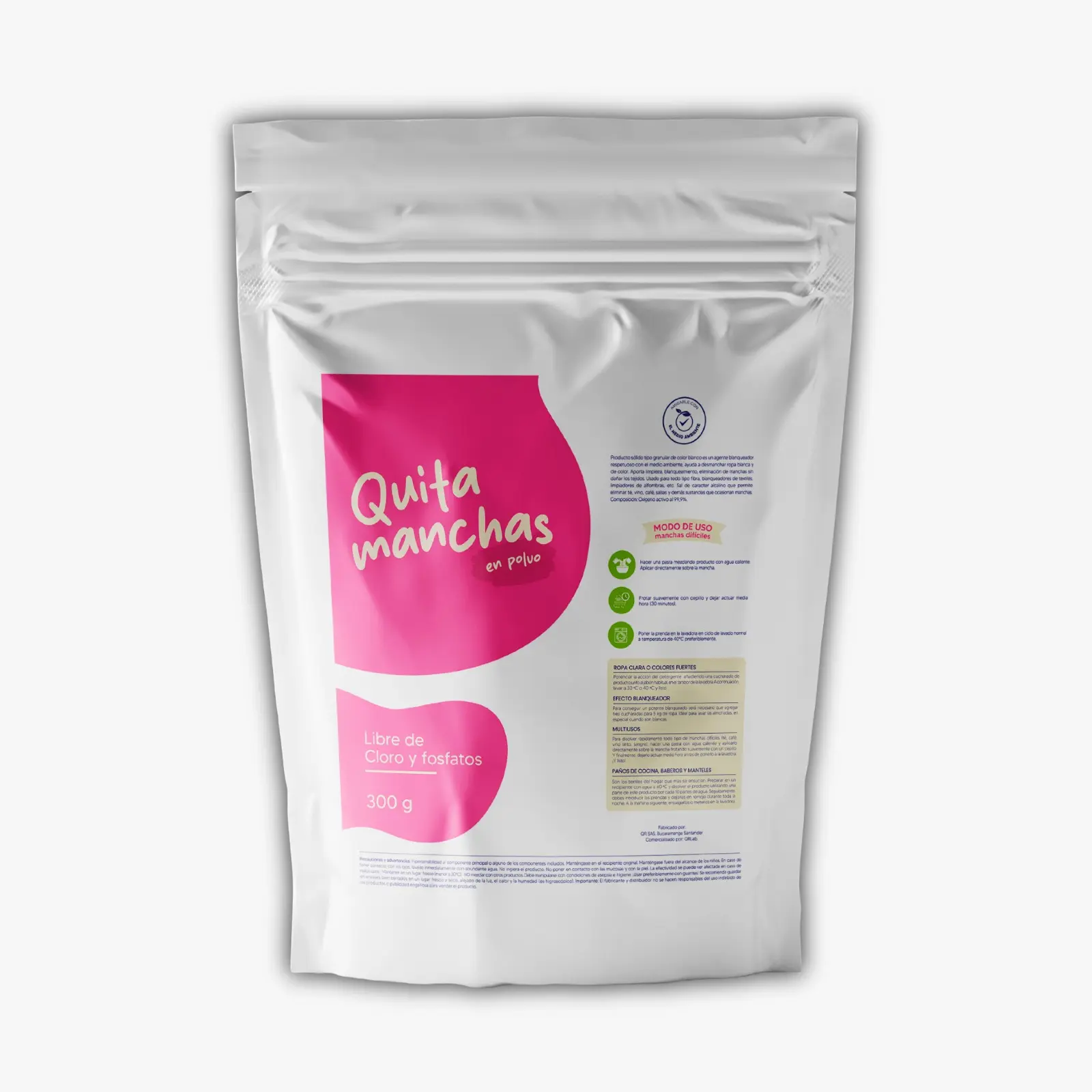 Bolsa doypack blanca de 300 gramos de quitamanchas en polvo con diseño fucsia, libre de cloro y fosfatos, con instrucciones de uso visibles.